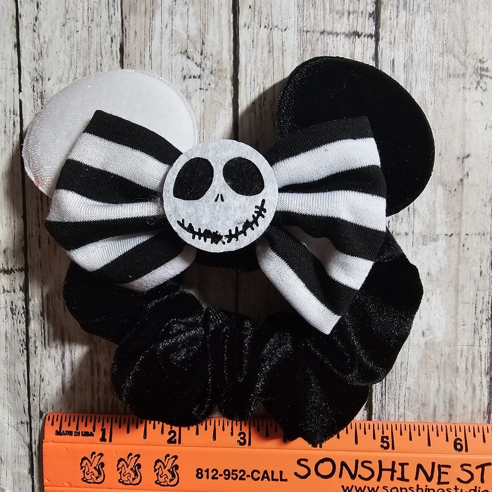 Jack Skellington Black and White Minnie Mouse Ears Hair Scrunchie